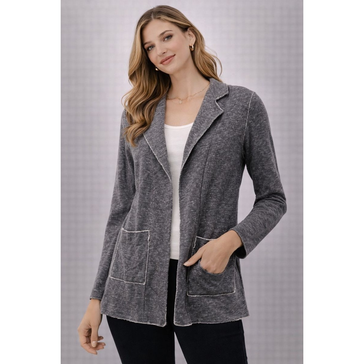 Eileen Fisher Petite Charcoal Gray Knit Collarless Blazer Jacket